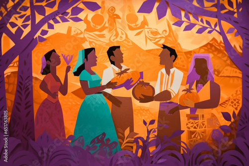 Halloween Paper Cut Illustration of a group of people having a party outside