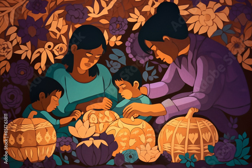 Halloween Paper Cut Illustration of a family carving pumpkins together 