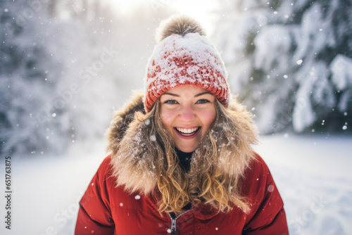 Smiling woman dressed in a red coat and a red and white beanie, standing amidst a snowy foresr, snowflakes, fur, snow