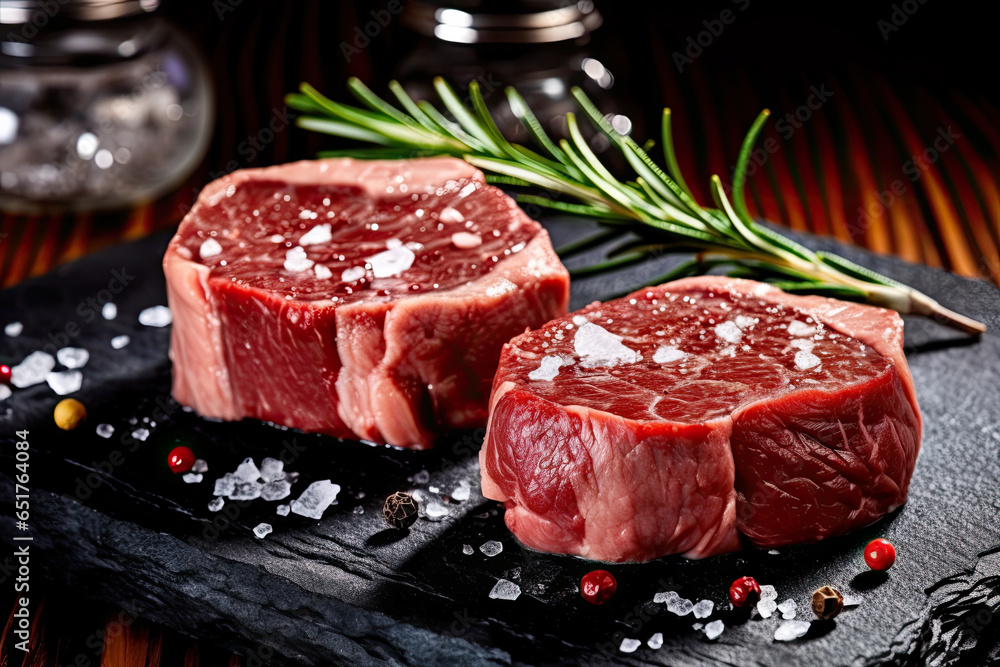 custom made wallpaper toronto digitalRaw beef filet Mignon steak on a wooden Board with peppers and herbs, AI Generated
