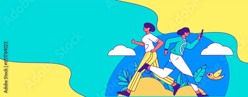 People exercising healthy running vector internet operation illustration
