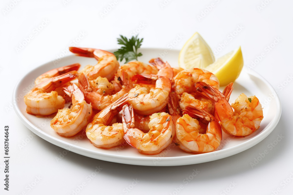 Plate of shrimp with lemon wedges on the side , Generative AI Plate of shrimp with lemon wedges on the side , Generative AI