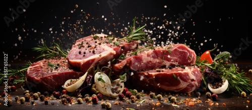 Flying spices and herbs over raw beef steaks on wooden table splashing on black background photo