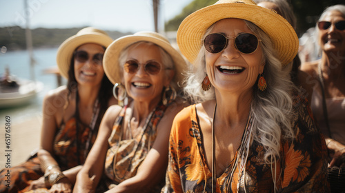 Smiling group of older women on beach vacation