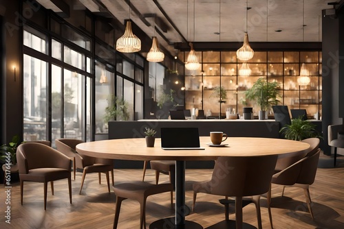A Front View of a Coffee Cup and Laptop Resting on a Table in a Sleek Office Setting, with a Warm Coffee Shop as the Inviting Background © Malaika