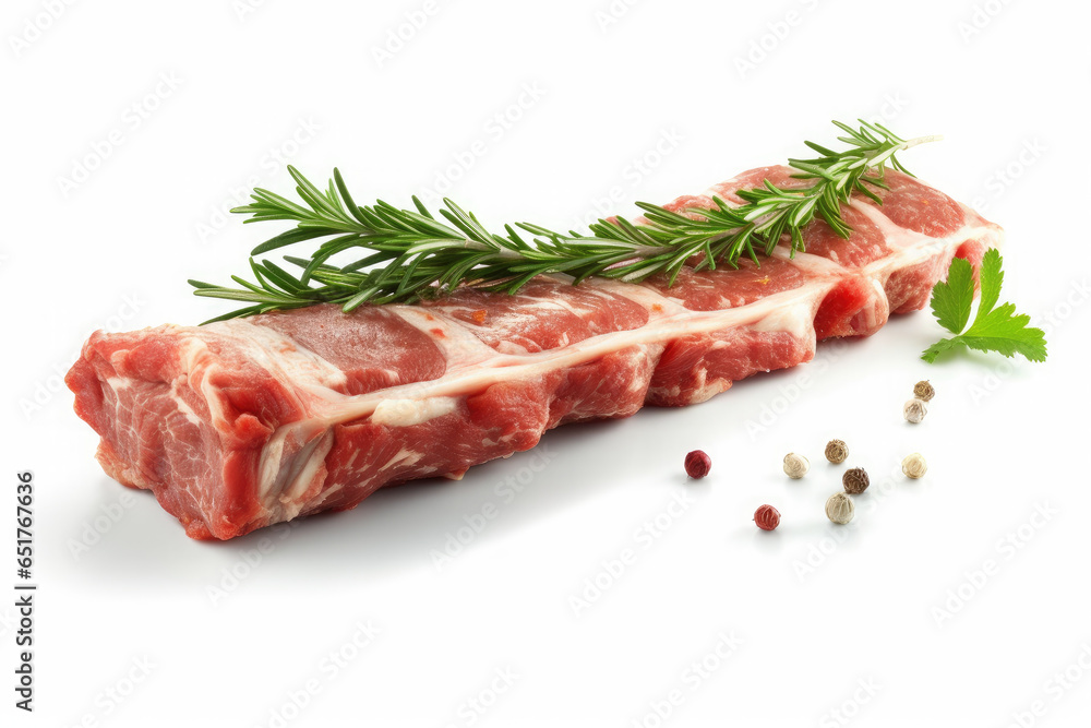 Lamb Ribs meat and herbs isolated on white, Generative AI Lamb Ribs meat and herbs isolated on white, Generative AI
