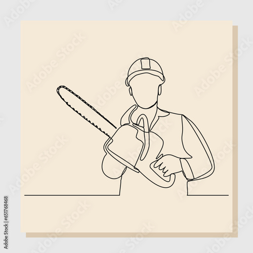 Continuous single one line drawing of lumberjack man wood cutter work and holding chainsaw to cut wood tree. Vector illustration	