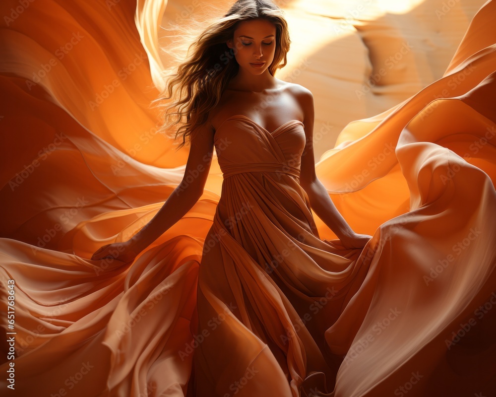 Fashion portrait of blonde caucasian woman in orange flowing clothes amid the rocks of Antelope Canyon. Generative AI.
Fashion portrait of blonde caucasian woman in orange flowing clothes amid the rocks of Antelope Canyon. Generative AI.