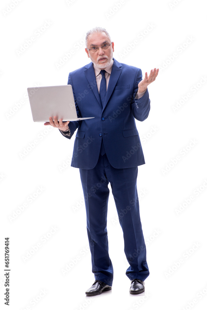 Old businessman with computer isolated on white Old businessman with computer isolated on white