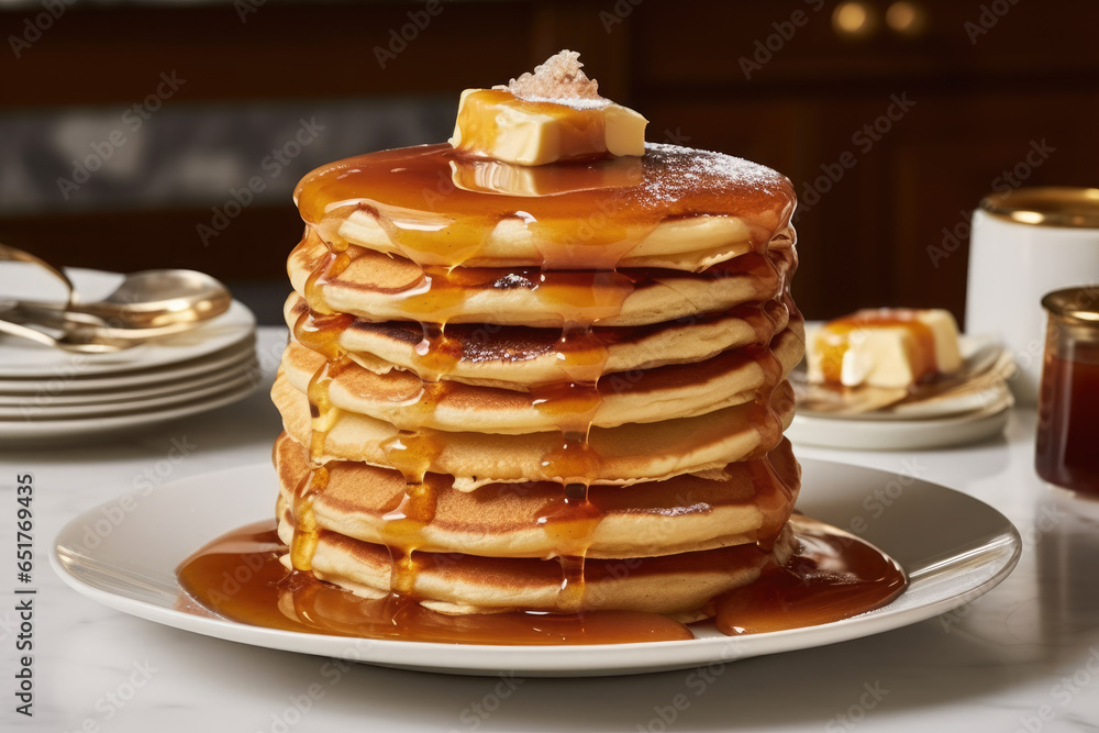 A stack of pancakes with syrup and butter on top Generative AI A stack of pancakes with syrup and butter on top Generative AI