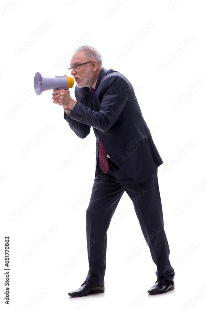 Old businessman holding megaphone isolated on white Old businessman holding megaphone isolated on white