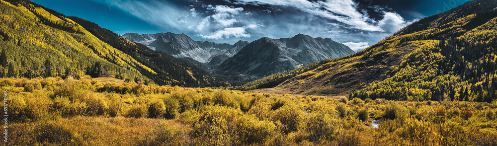 Panorama of Rocky Mountains autumn colors