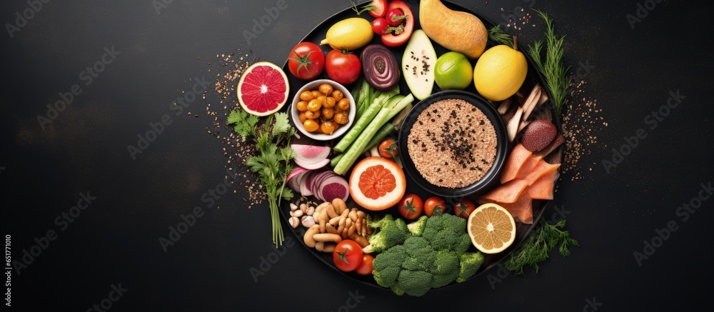 Comparison between healthy and unhealthy food showcasing fruits and vegetables versus fast food sweets and pastries on a black plate against a gray concrete background Contrasting diet and d Comparison between healthy and unhealthy food showcasing fruits and vegetables versus fast food sweets and pastries on a black plate against a gray concrete background Contrasting diet and d