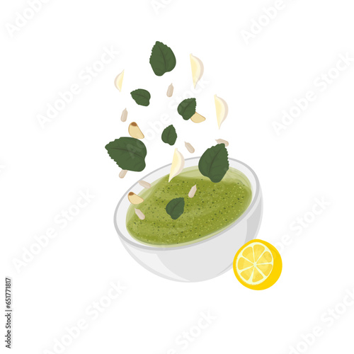 Pesto Sauce With Basil Leaves in a Bowl Illustration logo 