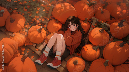 Romantic Girl Resting in Pumpkin Heaven: Animated Style Illustration