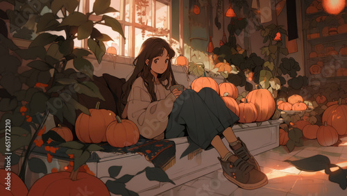 Sunlit Window, Relaxing Girl in Halloween Atmosphere