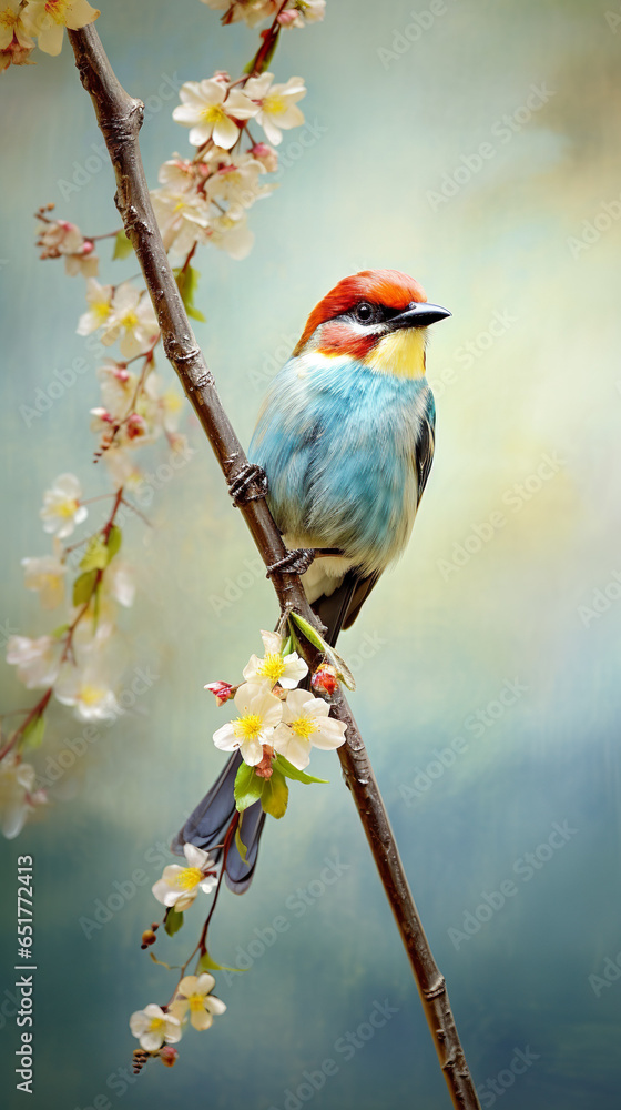 Obraz premium Realistic mountain red, blue bird very fluffy on very light pink flowered sakura tree.