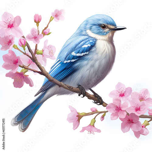 Realistic mountain blue bird very fluffy on very light pink flowered sakura tree.