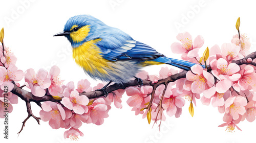 Realistic mountain yellow,blue bird very fluffy on very light pink flowered sakura tree.