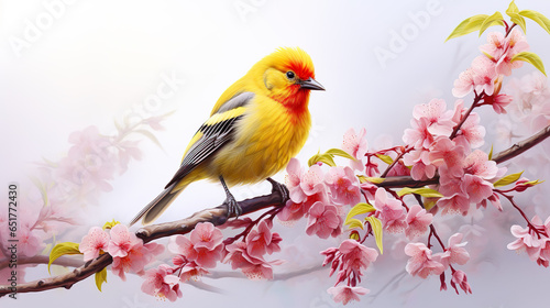 Realistic mountain red,yellow bird very fluffy on very light pink flowered sakura tree.