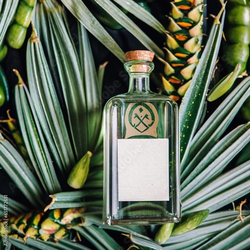 Tequila with agave meguey plants backdrop backgrund concept alcoholic drink mexico mezcal bottle concept