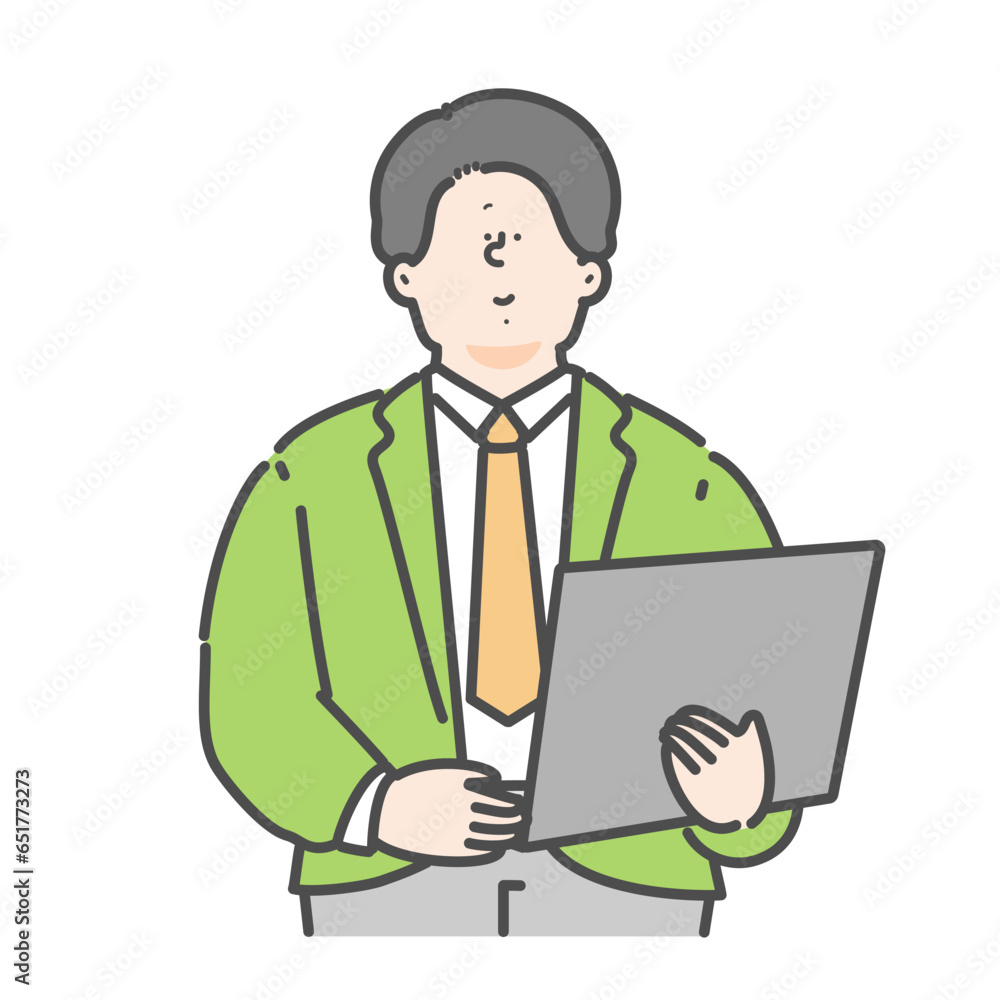 パソコンを持つ男性のビジネスパーソンのイラスト