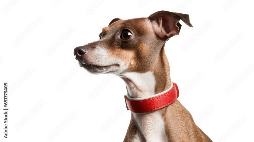 old italian greyhound with red collar isolated on white