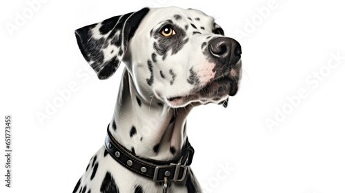 panting dalmatian dog wearing a collar isolated on white