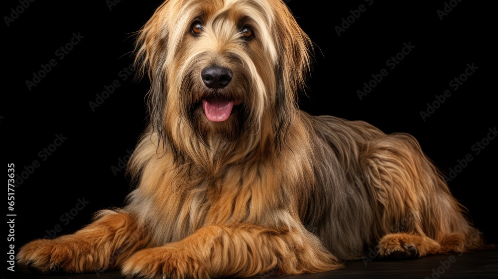 Naklejka premium panting fawn briard dog sitting in front isolated on