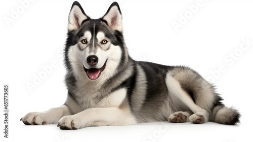 panting siberian husky dog sitting on white