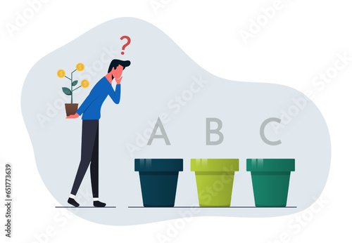 Where to invest idea concept, businessman confused to invest right investment of his money