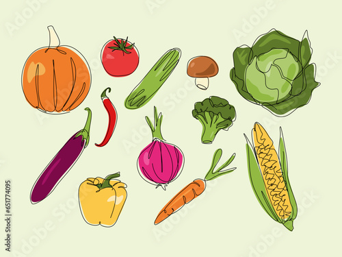 set of vegetables, fruit in one continuous line drawing style and colored. vector illustration.