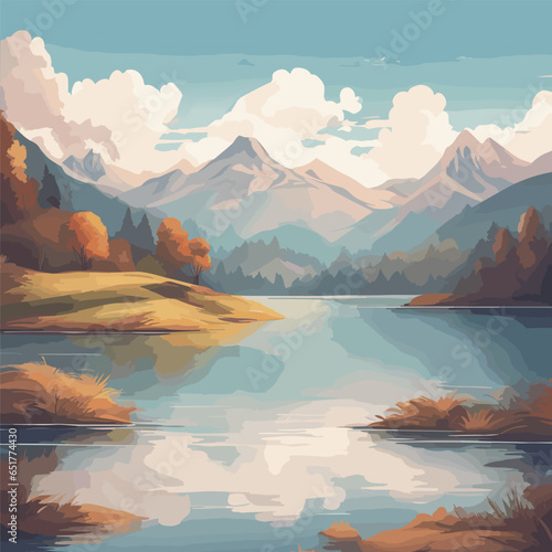 background illustration with a serene natural landscape. picturesque scene a tranquil lake, majestic mountain range. Incorporate a clear sky with fluffy clouds ,captivating background for website (2)