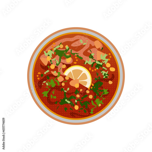 Harira soup in top view vector illustration. Traditional North African soup prepared in Morocco and Algeria. Popular ramadan meal. Editable graphic resource for many purposes.
