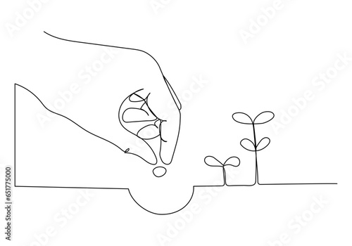 Hand planting seeds in continuous one line art style. Concept of gardening. Simple vector illustration