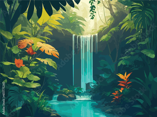 Design an intricate vector illustration of a hidden oasis nestled within a tropical jungle, where a majestic waterfall cascades into a crystalline pool, reflecting the vibrant colors of lush