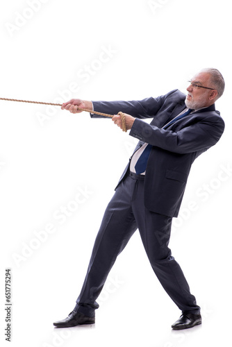 Old businessman with rope isolated on white