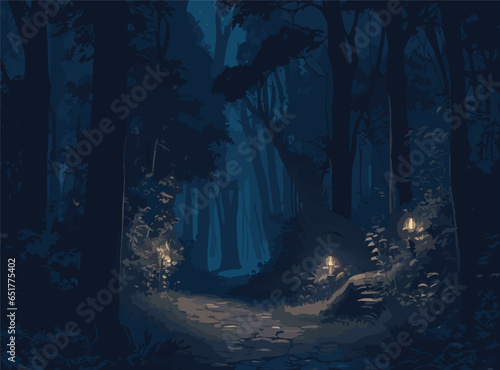 Illustrate a detailed vector background of a nocturnal wilderness adventure, where moonlight filters through the dense canopy, casting intricate shadows on the forest floor and revealing the path © Nadula