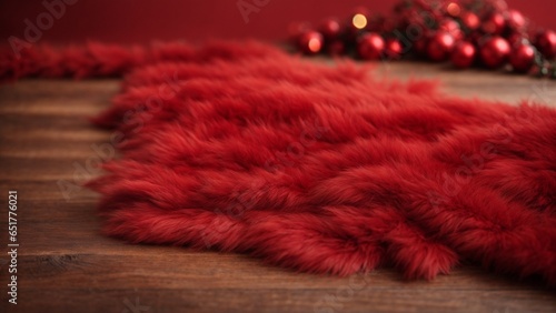 Christmas red fur lying on the floor, red Christmas balls in the background