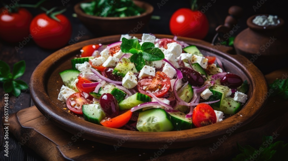 Greek salad with feta cheese, tomatoes, cucumbers, peppers and Kalamata olives. Healthy eating. Vegetarian food