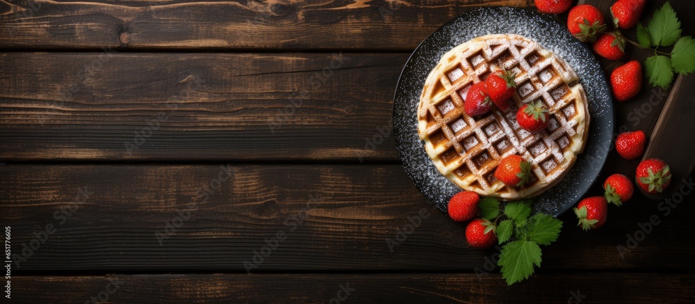 Breakfast scene with homemade waffles strawberries powdered sugar coffee and a mockup