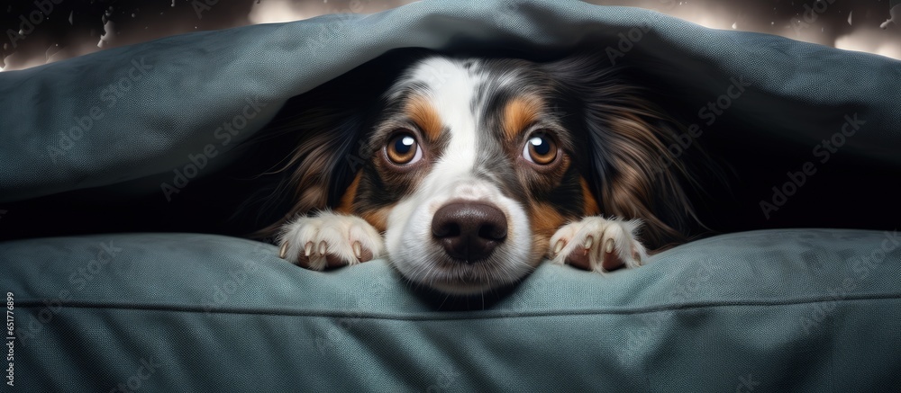 Image showcasing The anxious dog seeks shelter under the sofa due to fear of loud noises ...