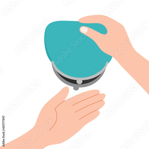 Hand holding empty purse in flat design on white background.