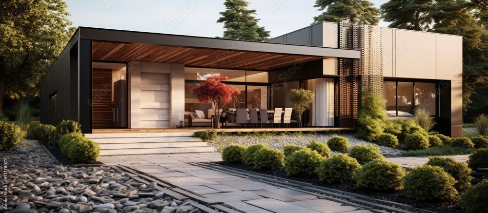 Contemporary home with elegant columns and timber on cobblestone patio Contemporary home with elegant columns and timber on cobblestone patio