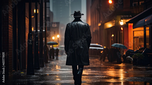 A man in a suit and cowboy hat walking down an empty city street