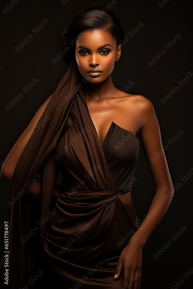 A very dark skinned woman in a high end photo shoot, very beautiful, controversial dress