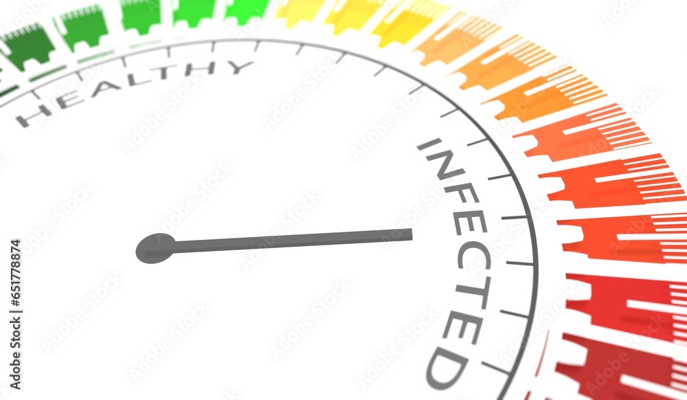 Healthy and disease immune system comparison concept. Health level on measure scale. Instrument scale with arrow. Colorful infographic gauge element. 3D render Healthy and disease immune system comparison concept. Health level on measure scale. Instrument scale with arrow. Colorful infographic gauge element. 3D render