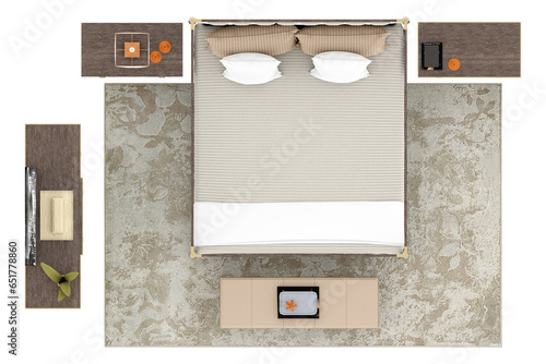 Fototapeta Naklejka Na Ścianę i Meble -  King-Size Bed Top View 3D Render with transparent background