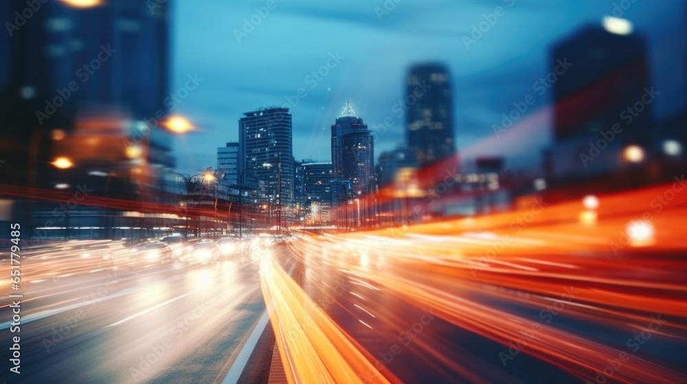 Blurry view of city traffic lights and car at night for background.