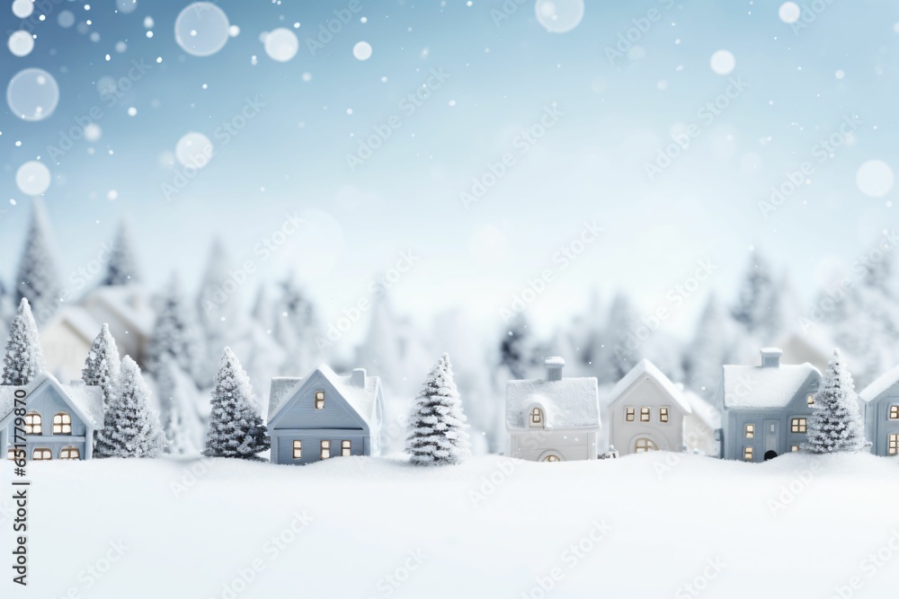 Fototapeta premium Snowfall background of miniature village. Winter holiday concept with copy space